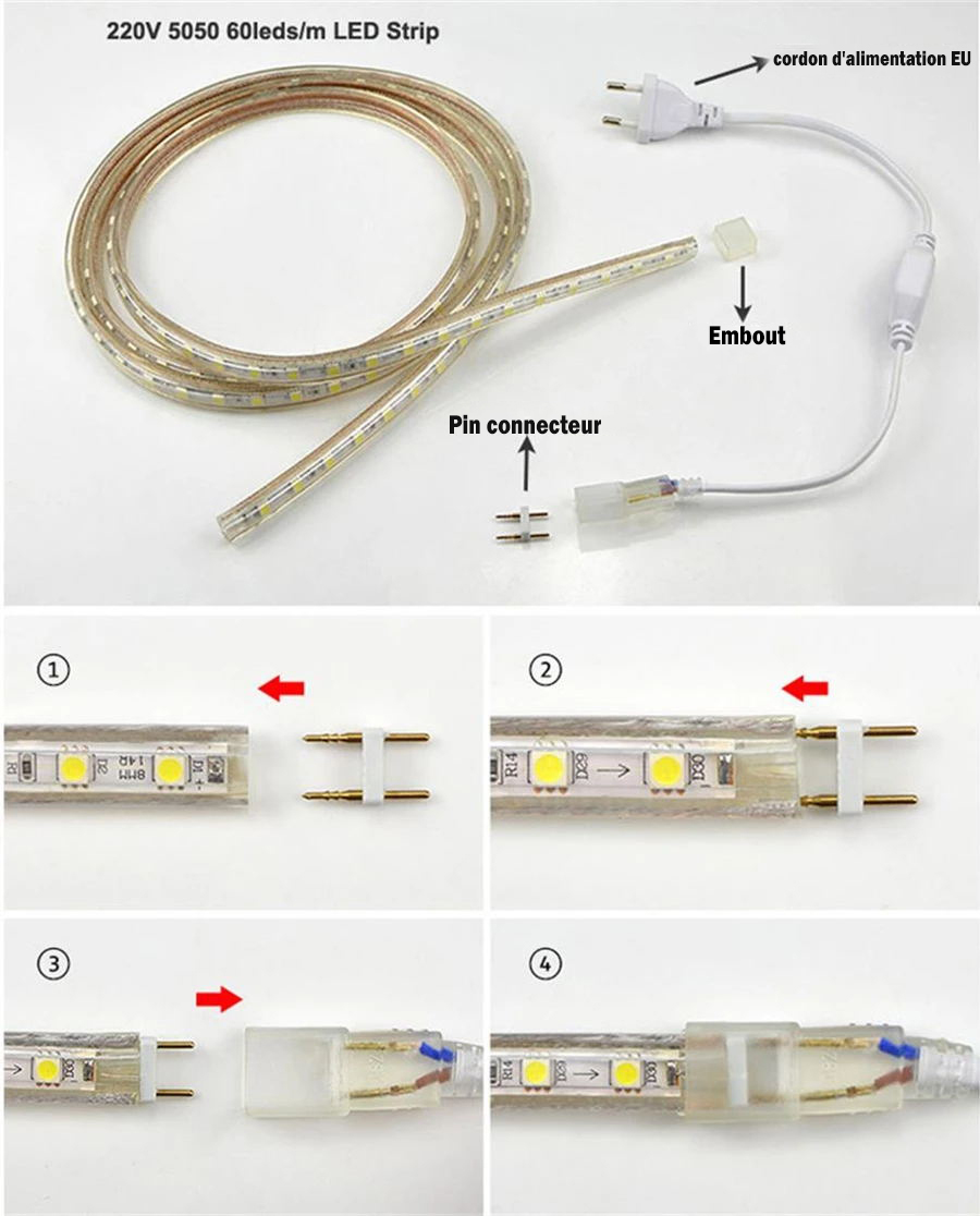 UE Plug 2 Broches Boîtier blanc LED Bande Connecteur AC