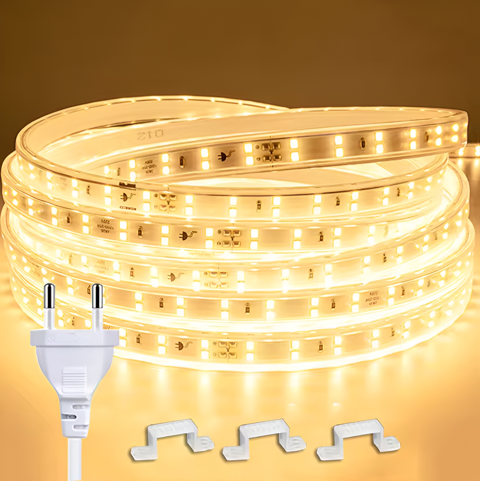 Kit Ruban LED 230v 10M étanche IP67 avec fixations fournies - 3000K Blanc chaud