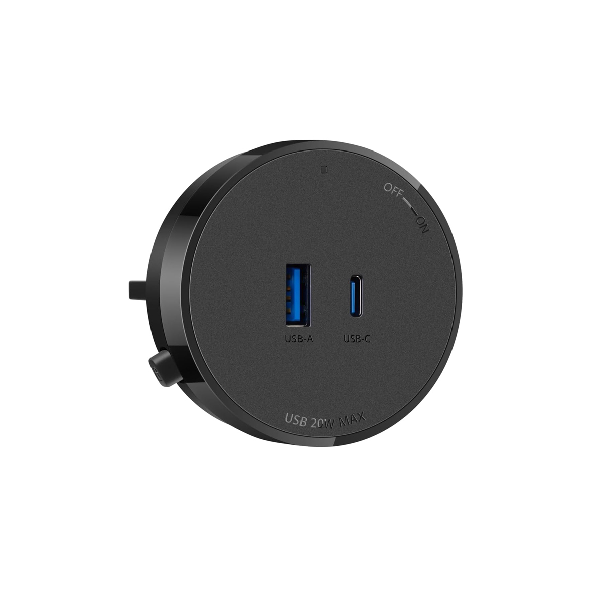 Adaptateur de Charge USB, Mécanisme de Rotation on/Off, USB A et C 20 W Max, Ø62 mm - Noir