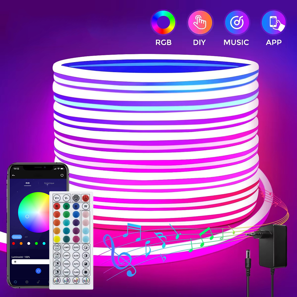 Kit de Néon flexible LED RGB, DC 12V, 5m, bande lumineuse LED flexible pour intérieur et extérieur, APP/Télécommande, Plusieurs modes, IP65 étanche