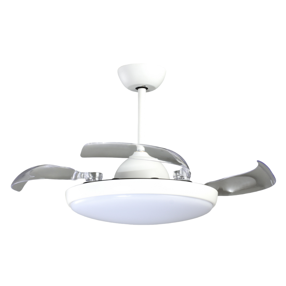 Ventilateur de plafond ultra-silencieux – Lames rétractables, LED intégrée, télécommande – Design invisible pour intérieur - BLANC