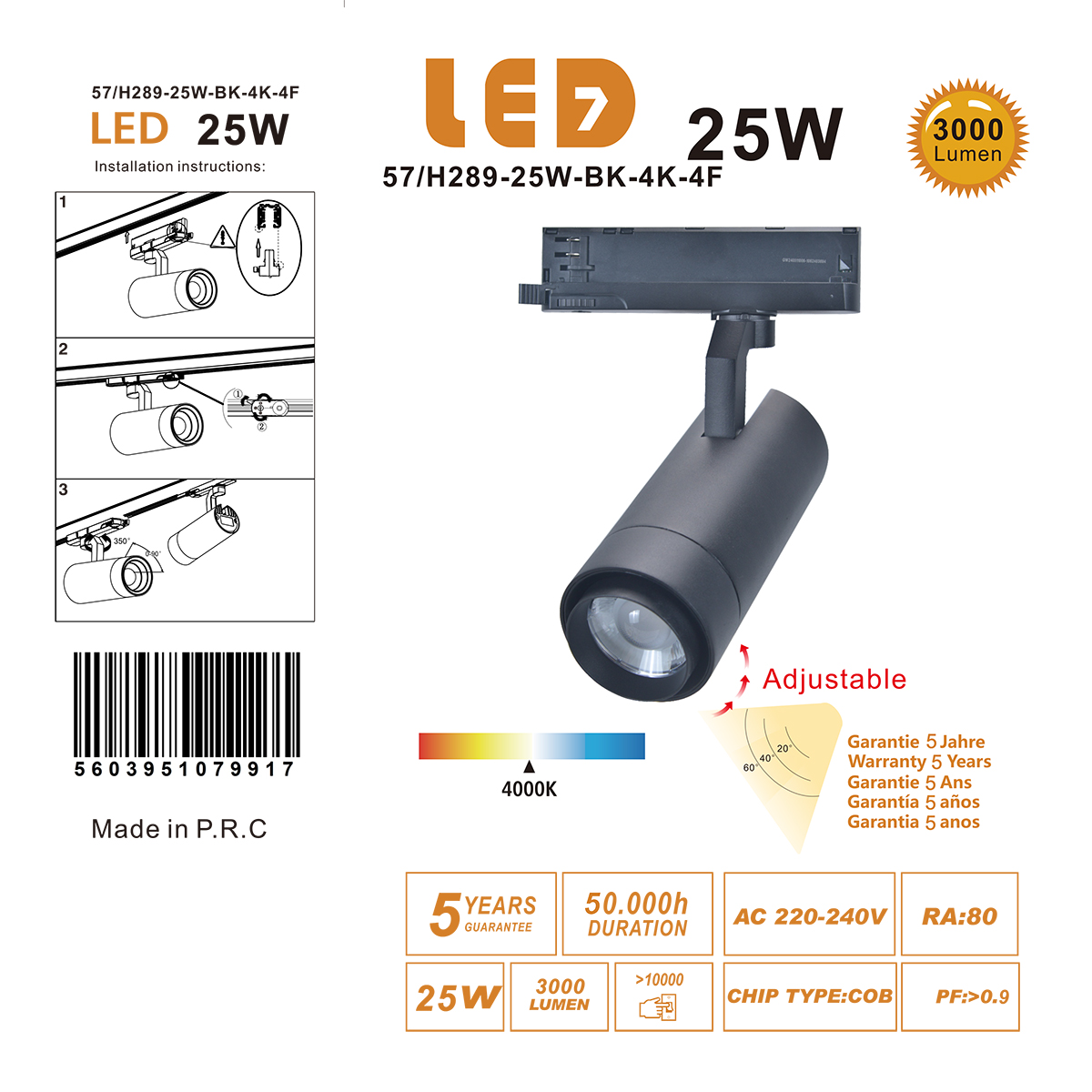 Projecteur sur rail LED triphasé Noir 25W 3000Lm - LENTILLE AJUSTABLE – Image 2