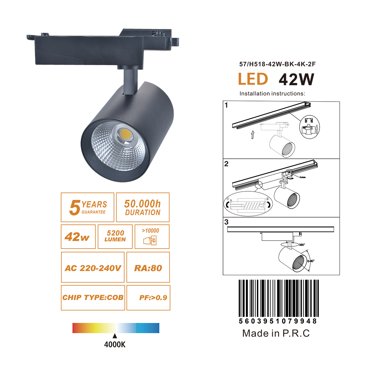 Projecteur sur rail LED 42W 5200Lm - monophasé - garanti 5 ans – Image 4