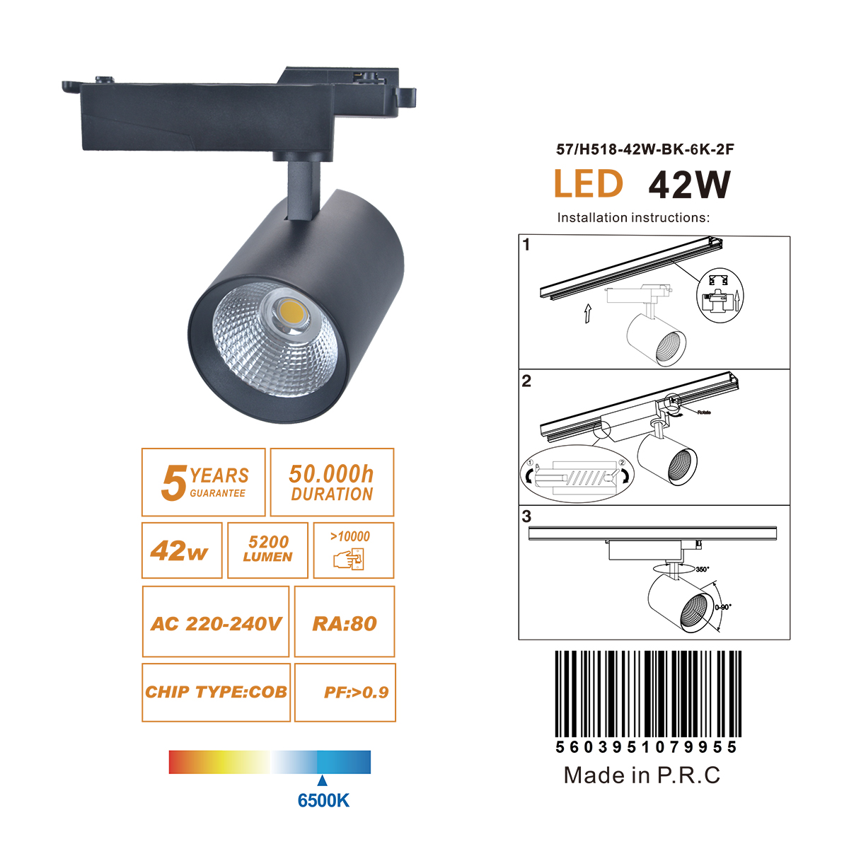 Projecteur sur rail LED 42W 5200Lm - monophasé - garanti 5 ans – Image 5