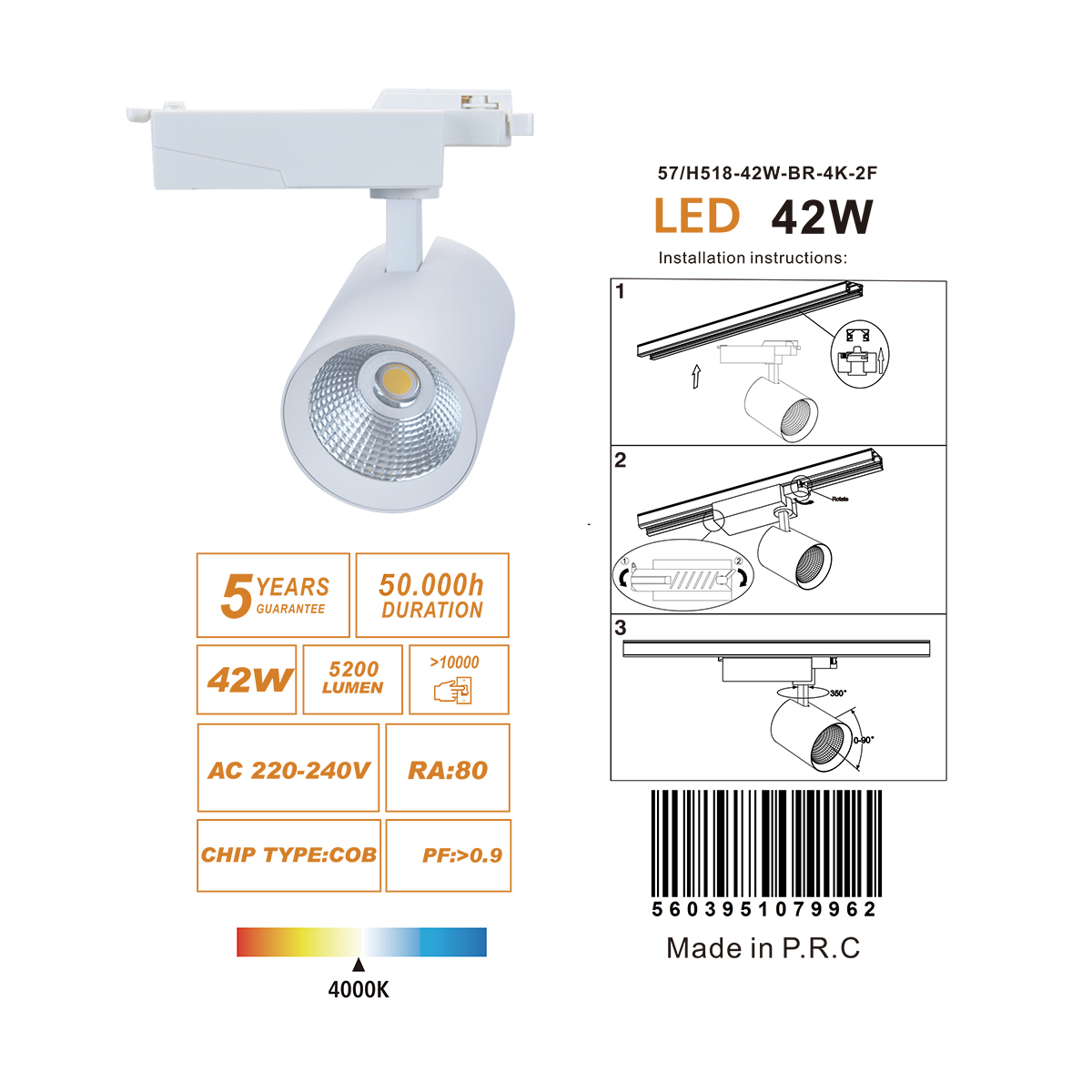 Projecteur sur rail LED 42W 5200Lm - monophasé - garanti 5 ans – Image 8