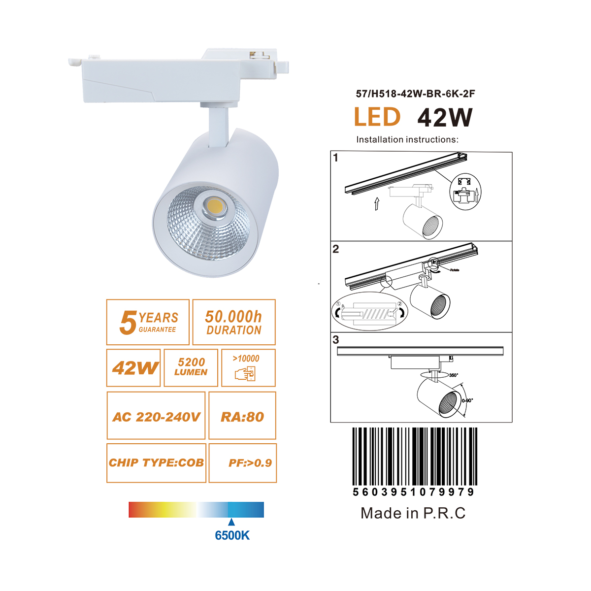 Projecteur sur rail LED 42W 5200Lm - monophasé - garanti 5 ans – Image 9