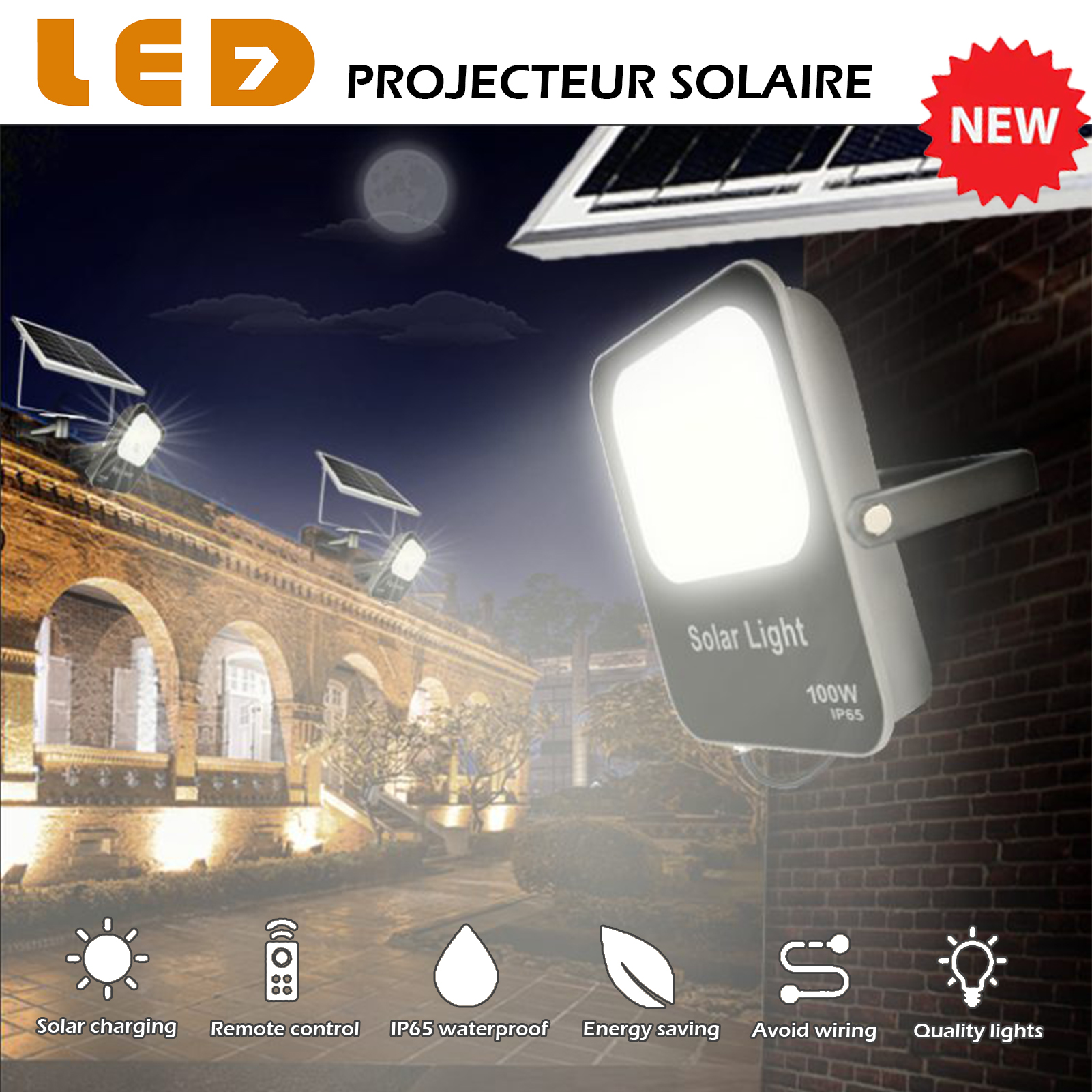Projecteur étanche Solaire 100W, 6000K Blanc froid – Image 2