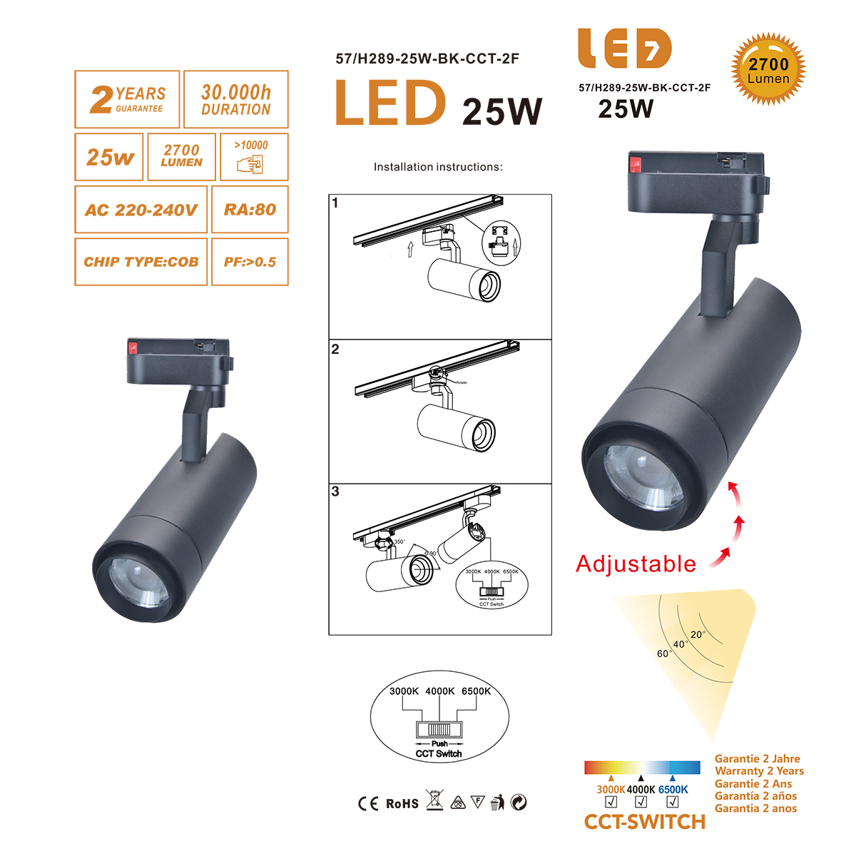 Projecteur sur rail LED monophasé CCT 25W 2700Lm - LENTILLE AJUSTABLE – Image 4