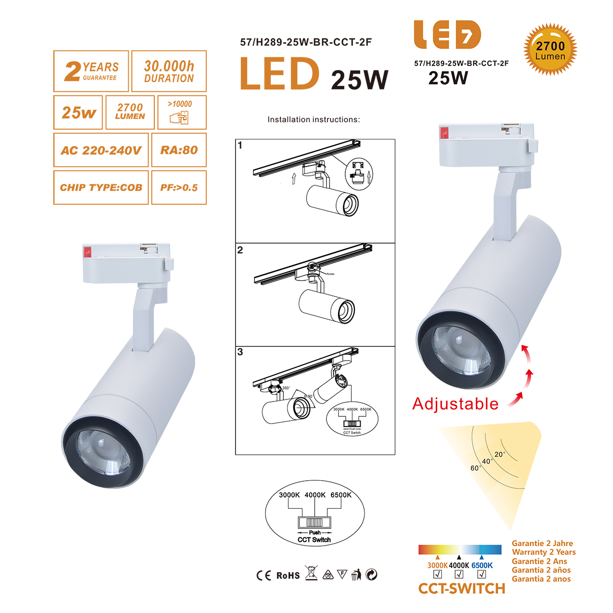 Projecteur sur rail LED monophasé CCT 25W 2700Lm - LENTILLE AJUSTABLE – Image 5