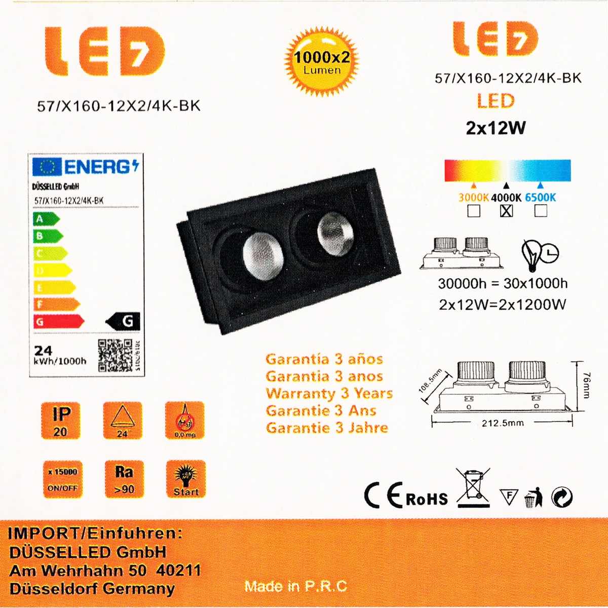 Projecteur double encastrable LED 2*12W / 2*18W 4000K - NOIR – Image 5