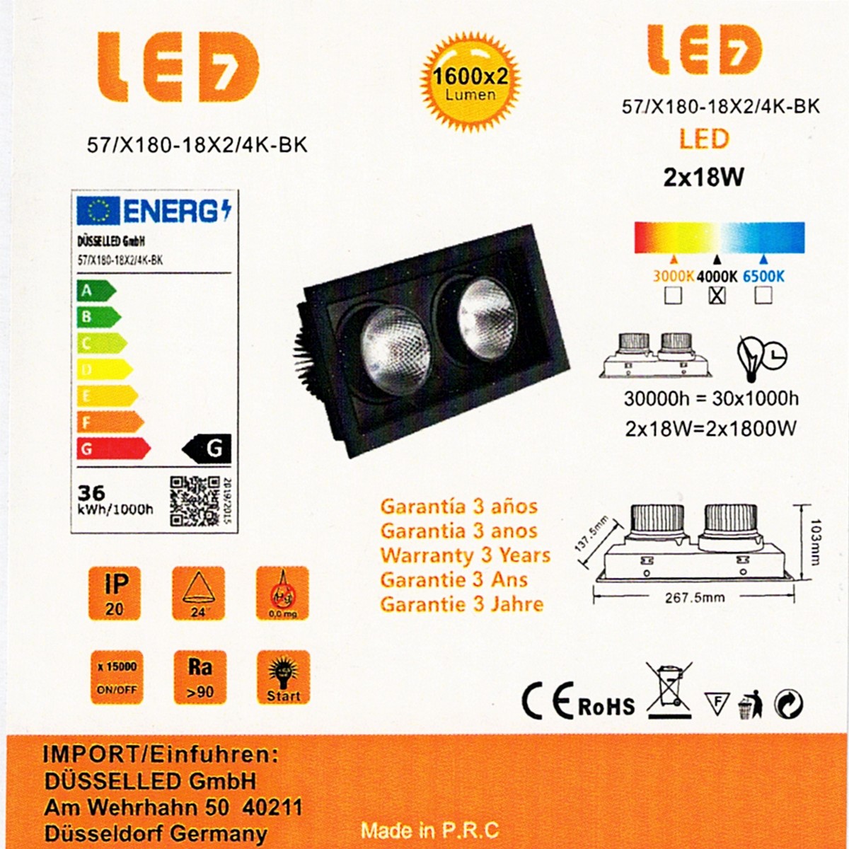 Projecteur double encastrable LED 2*12W / 2*18W 4000K - NOIR – Image 7