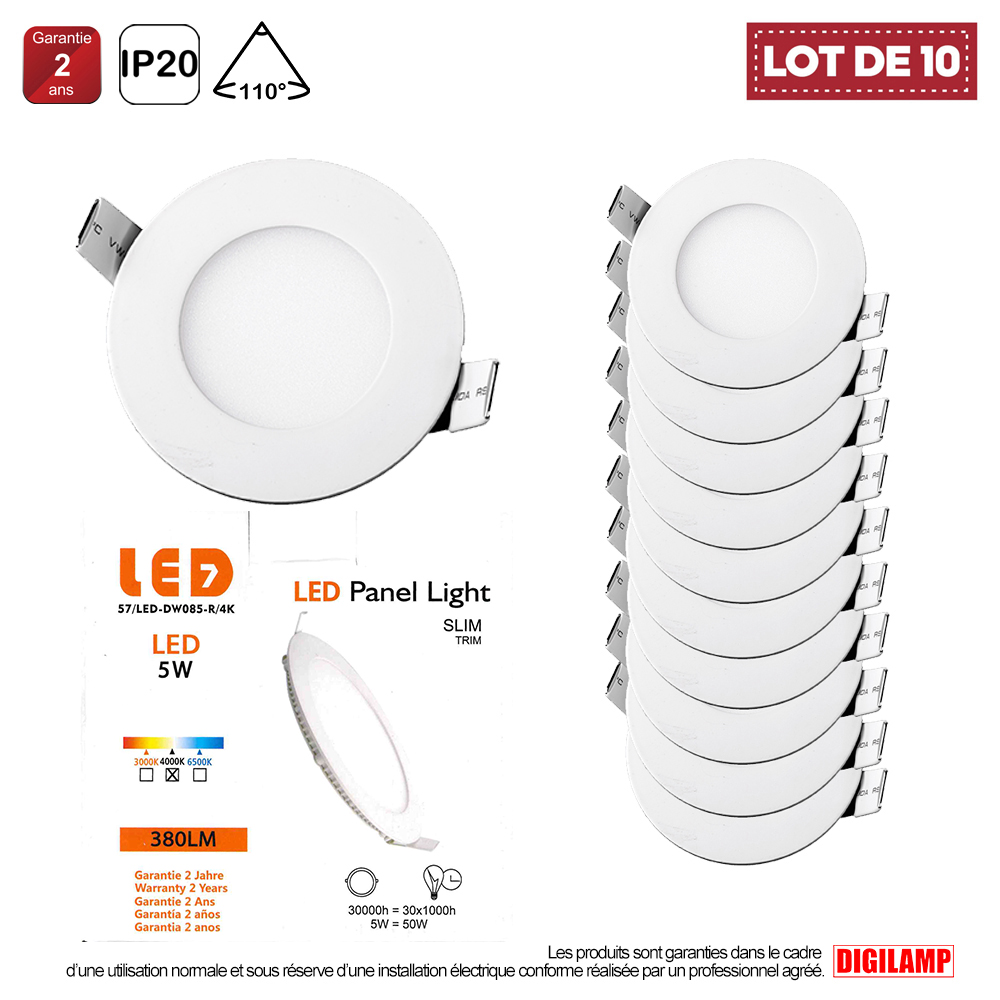 Lot de 10 Spot Encastrable Led Downlight Panel Extra plat 5w 3000k/4000k/6000k - Digilamp