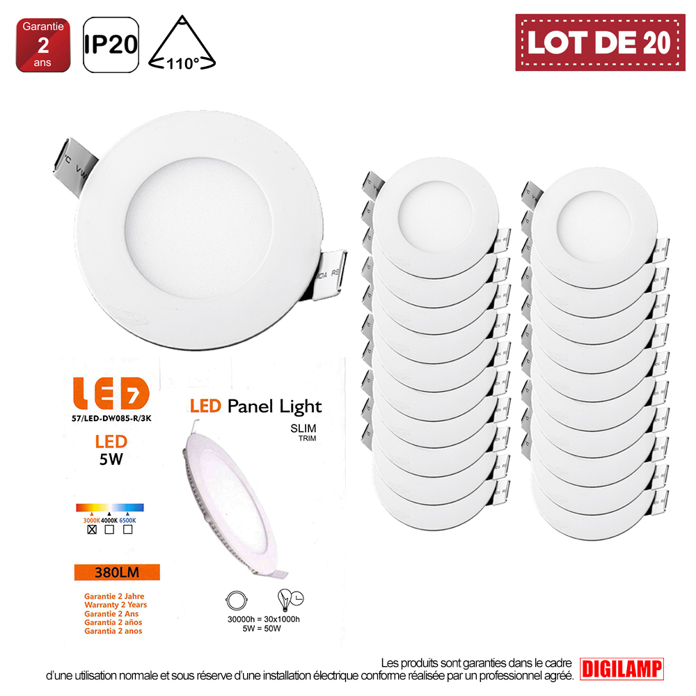 Lot de 20 Spot Encastrable Led Downlight Panel Extra plat 5w 3000k/4000k/6000k - Digilamp