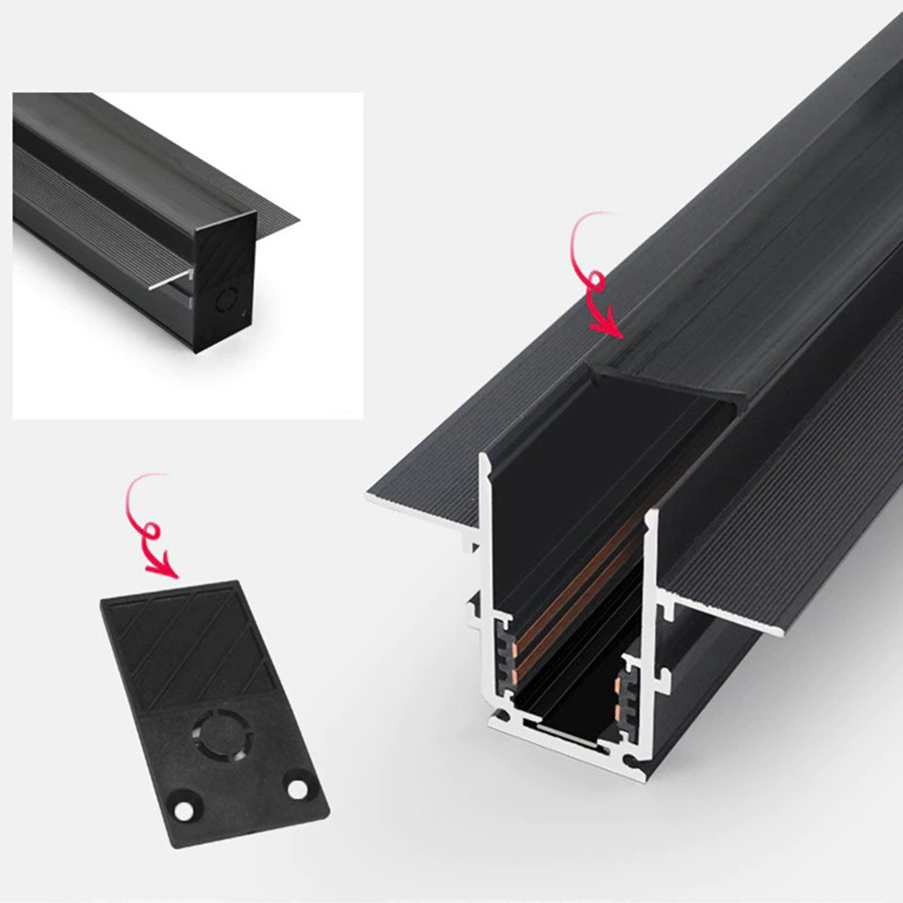 Rail Magnétique Encastré DC 48V 1m Noir + Bouchons
