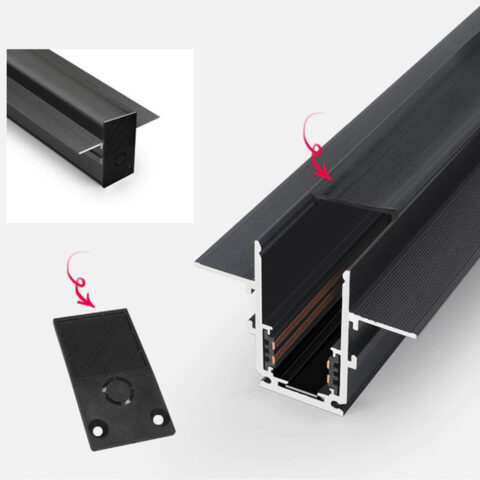 Rail Magnétique Encastré DC 48V 2m Noir + Bouchons
