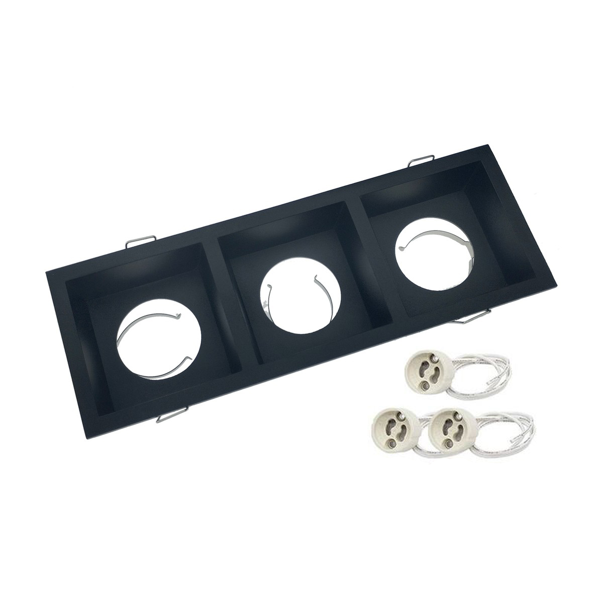 Support spot triple rectangulaire, encastré en aluminium, pour ampoule GU10 x 3 - Noir